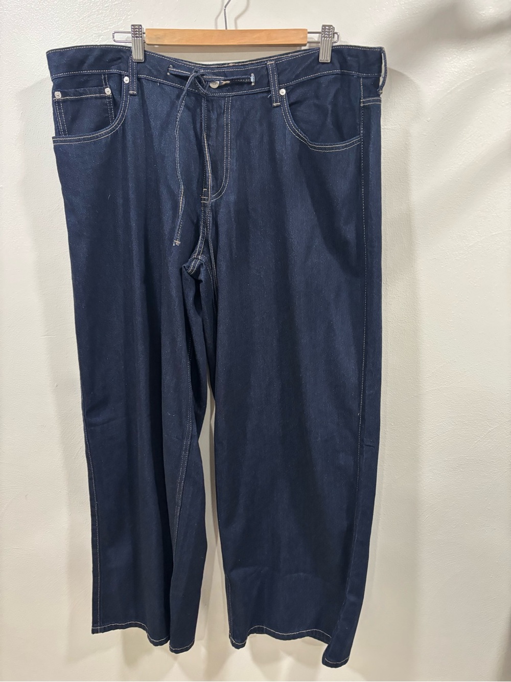 Scoop Wide Leg Women's Navy Denim Jeans with Drawstring Waist Detail